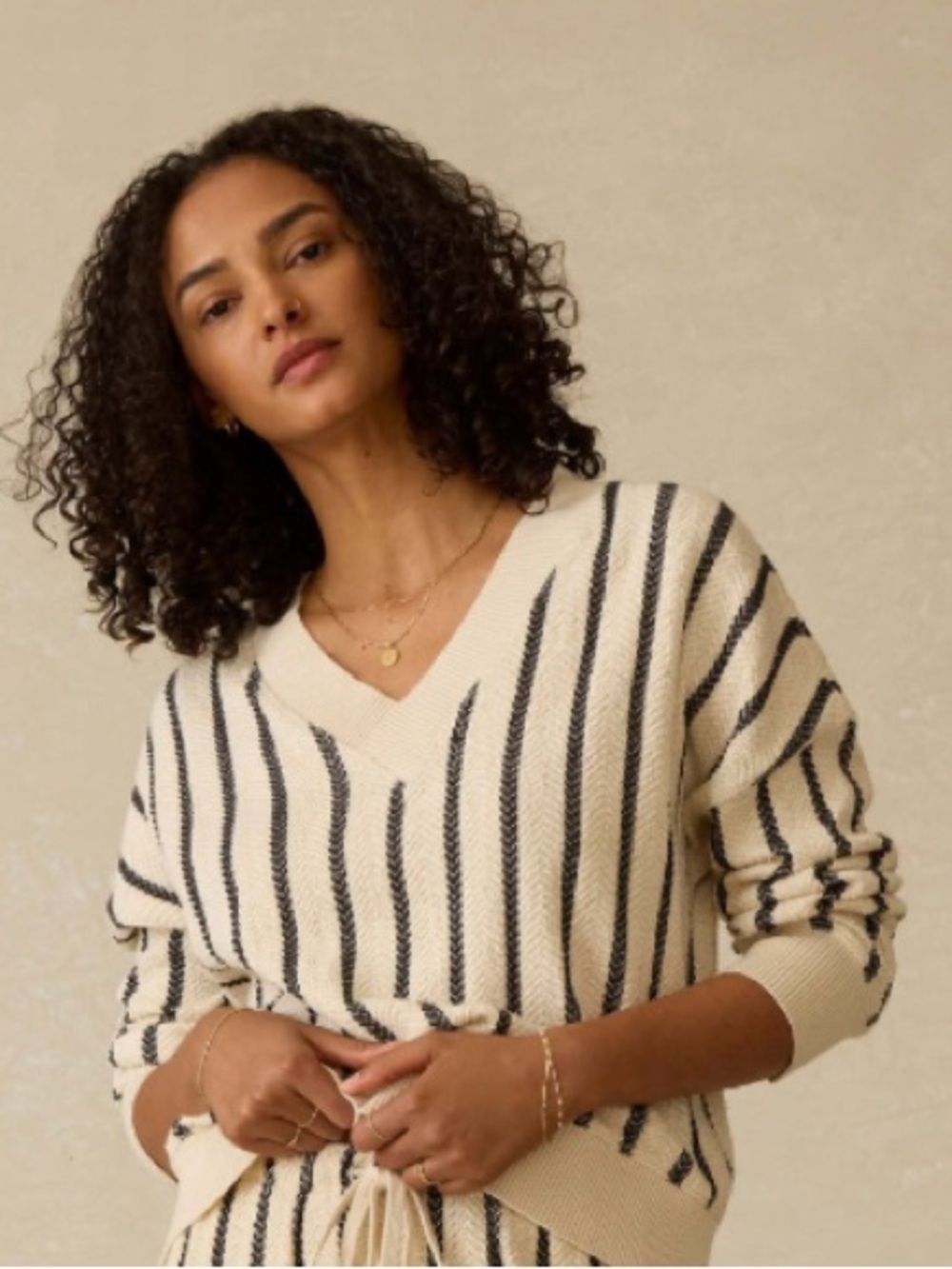Faherty Cream V-Neck with Black Vertical Stripes